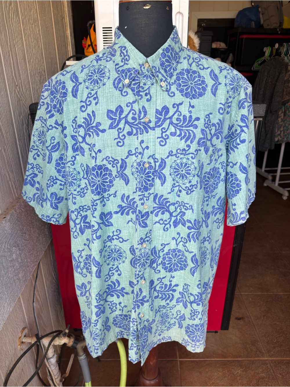 PreOwned Reyn Spooner Hawaiian Print Green/Blue Full Button Men's XXL